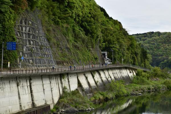 川沿いの道を自転車で走り抜ける様子を対岸から見た写真