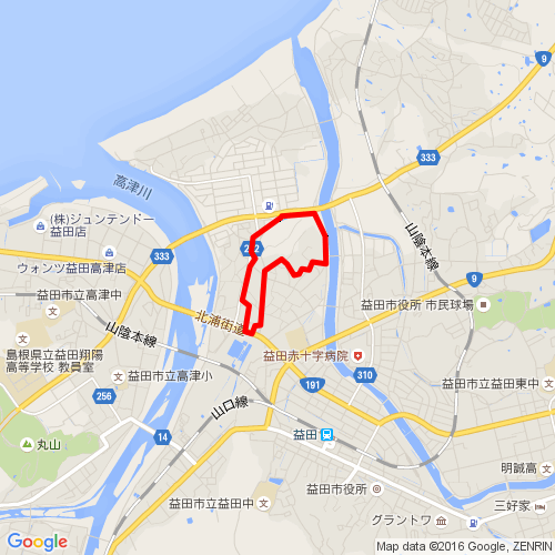 益田川左岸南部地区を赤い線で囲んだ位置図