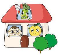 ますだ暮らしキャラクター3人組が家の窓から手をふっているイラスト